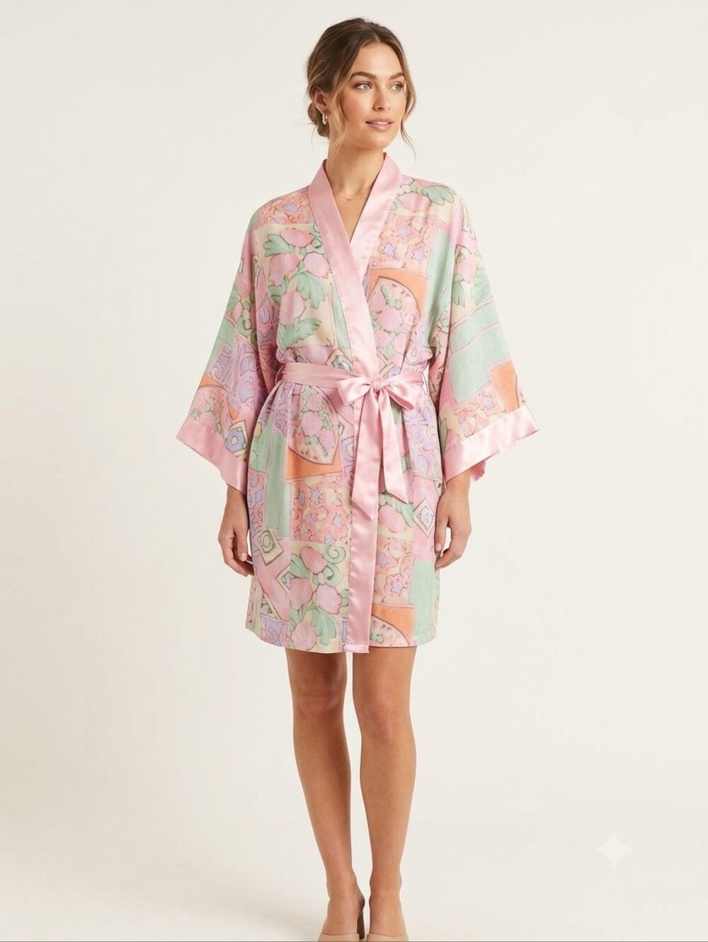 80s 90s VAL MODE Lingerie Pastel Abstract Floral Kimono Robe & Belt Made in USA